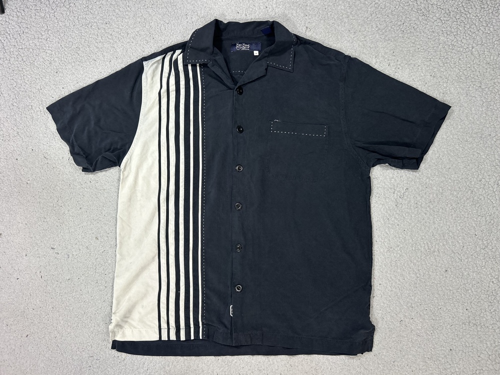 Nat Nast Shirt Mens Medium Black Silk Bowling Camp Vertical Stripe Tony Soprano